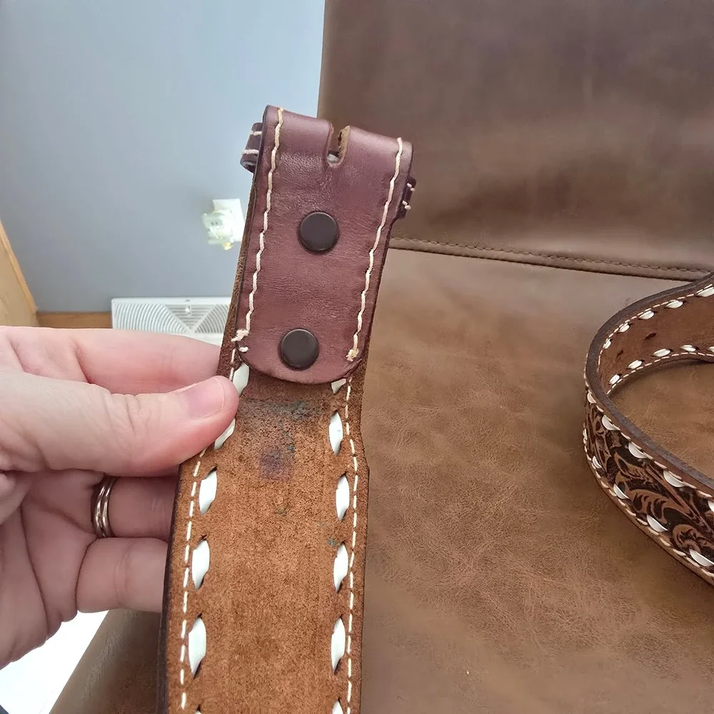 Vintage Ron Personalized Hand Tooled Leather Western Belt Floral Whipstitch 38
